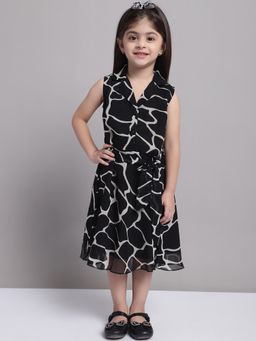 Mini & Ming - Girls Giraffe Checked Print Shirt Collar Georgette Dress With Belt