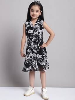 Mini & Ming - Girls Black Rose Floral Print Shirt Collar Georgette Dress With Belt