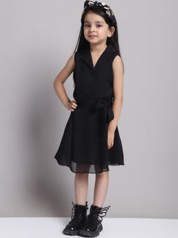 Mini & Ming - Girls Black Solid Shirt Collar Georgette Dress With Belt