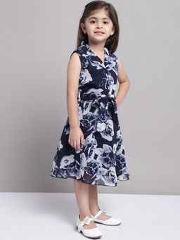 Mini & Ming - Girls Navy Blue Rose Floral Print Shirt Collar Georgette Dress With Belt