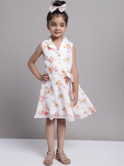 Mini & Ming - Girls Floral Print Shirt Collar Georgette Dress With Belt