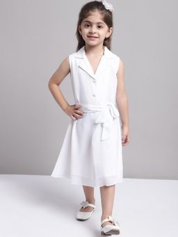 Mini & Ming - Girls White Solid Color Shirt Collar Georgette Dress With Belt