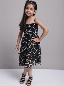 Mini & Ming - Girls Giraffe Checked Print With Shoulder Straps Georgette Dress