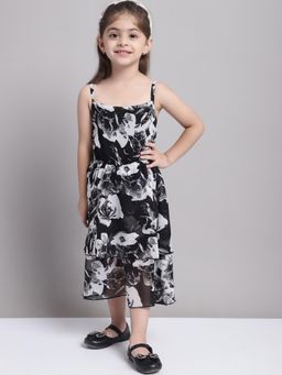 Mini & Ming - Girl Black Floral Print Shoulder Strap Georgette Dress
