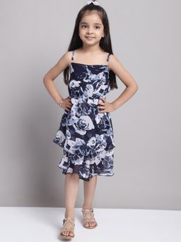 Mini & Ming - Girl Navy Blue Floral Print Shoulder Strap Georgette Dress
