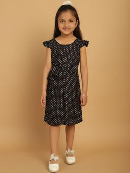 Mini & Ming - Girl Black Polka Dot Printed A-Line Midi Dress With Belt