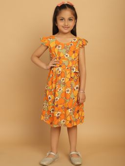 Mini & Ming - Girl Mustard Floral Printed A-Line Midi Dress With Belt