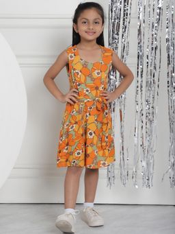 Mini & Ming - Girl Mustard Floral Printed A-Line Knee Length Dress With Belt