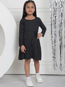 Mini & Ming - Girl Black Polka Dot Printed Full Sleeves Knee Length Dress With Belt