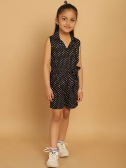 Mini & Ming - Girl Black Polka Dot Printed Shirt Collar Playsuit With Belt