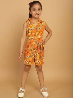 Mini & Ming - Girl Mustard Floral Printed Shirt Collar Playsuit With Belt