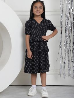 Mini & Ming - Girl Black Polka Dot Printed Tiered Midi Dress