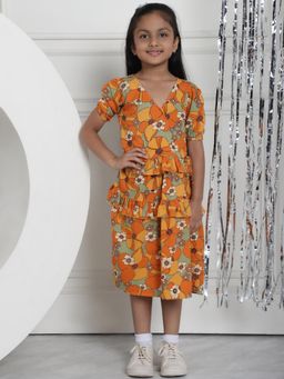 Mini & Ming - Girl Mustard Floral Printed Tiered Midi Dress