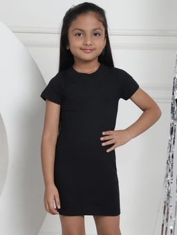 Mini & Ming - Girl Black Soild Cotton Knitted Ribbed Dress