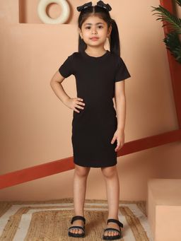 Mini & Ming - Girl Black Solid Cotton Knitted Bodycon Dress