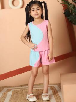 Mini & Ming - Girl Pink Colorblocked Top With Shorts