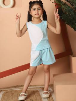 Mini & Ming - Girl Blue Colorblocked Top With Shorts