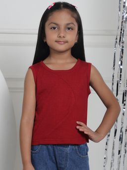 Mini & Ming - Girl Maroon Solid Color Cotton Knitted Ribbed Top