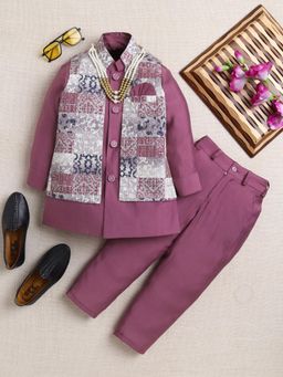 Ahhaaaa - Boy Wine Printed Nehru Jacket With Kurta And Pyjama