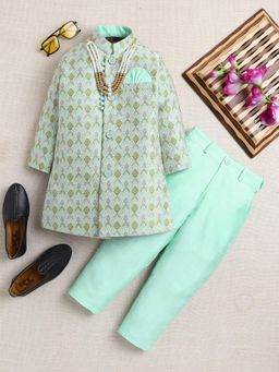 Ahhaaaa - Boy Green Woven Indo-Western Sherwani With Pyjama