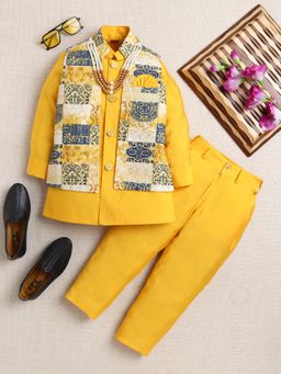 Ahhaaaa - Boy Yellow Printed Nehru Jacket With Kurta And Pyjama
