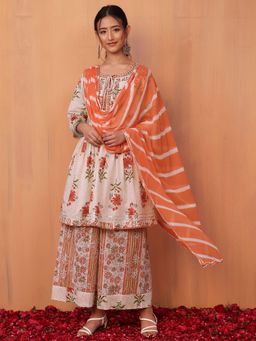 Indya - Orange Floral Print Cotton Kurta with Palazzo and Chiffon Dupatta (Set of 3)