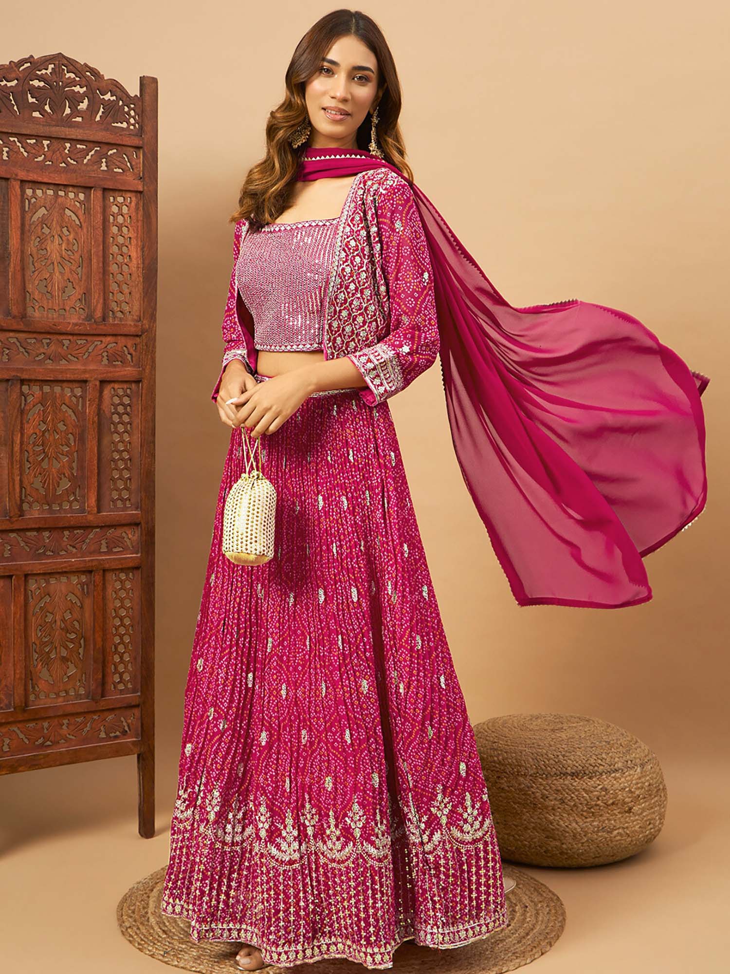 Women Magenta Embellished Lehenga Choli with Dupatta and Jacket (Set of 4)-image-17