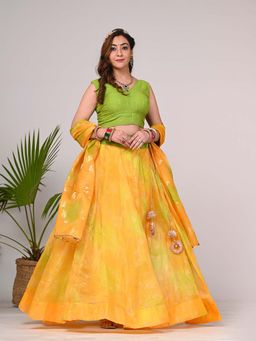 Indi Inside - Women Yellow Embellished Lehenga and Dupatta with Choli Piece (Set of 3)