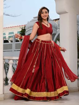 Indi Inside - Women Maroon Embellished Lehenga and Dupatta with Choli Piece (Set of 3)