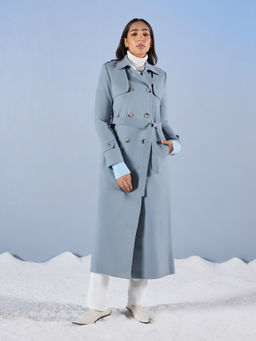 RSVP by Nykaa Fashion - Blue Solid Double Breasted Longline Overcoat (Set of 2)