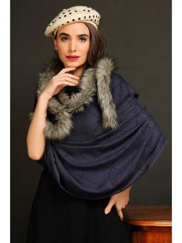 Dusala India - Fur Collar with Stone Work Pashmina Navy Blue Stole