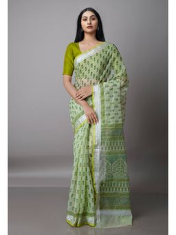 Unnati Silks - Green Pure Block Printed Kota Cotton Saree with Unstitched Blouse