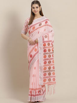 Sareemall - Peach Linen Printed Saree With Unstitched Blouse