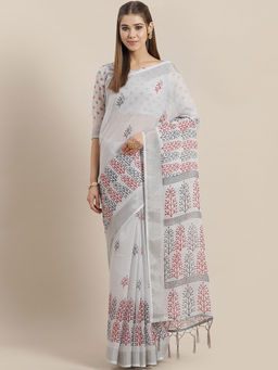 Sareemall - Grey Linen Printed Saree With Unstitched Blouse