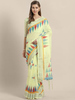 Sareemall - Yellow Linen Printed Saree With Unstitched Blouse