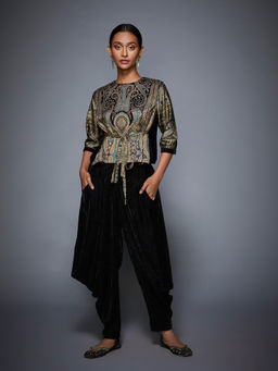 RI.Ritu Kumar - Black Jamawar Print Ensemble Top With Dhoti Pant (Set of 2)