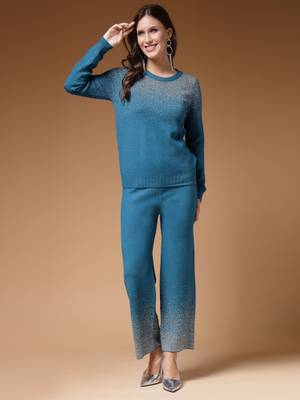 Buy Mafadeny Women Winter Wear Teal Blue Stylish Co-ords (Set of 2) Online