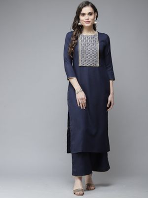 Indo Era Navy Blue Solid Straight Kurta Palazzo Sets