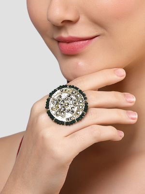 18k Gold Plated Traditional Green Kundan & Pearl Studded Adjustable Finger Ring for Women main image 0
