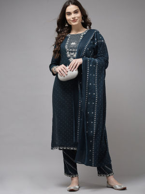 Indo Era Teal Embroidered Straight Kurta Trousers Set