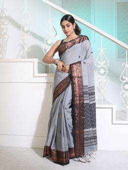 CHARUKRITI - Grey Cotton Handspun Saree with Woven Zari Motifs and Borders with Unstitched Blouse