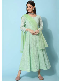 BLACK SCISSOR - Women Green Chikankari Embroidered Maxi Dress with Dupatta (Set of 2)
