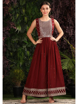 BLACK SCISSOR - Women Maroon Embroidered and Embellished Jumpsuit with Belt (Set of 2)
