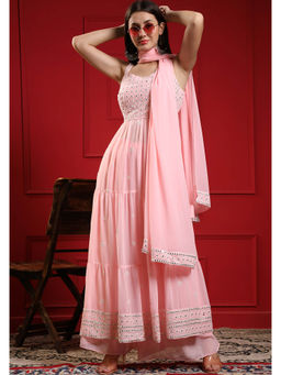 BLACK SCISSOR - Peach Embroidered & Mirror Work Anarkali Kurta with Sharara & Dupatta (Set of 3)