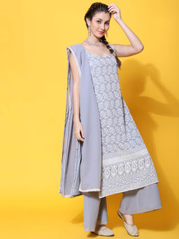 BLACK SCISSOR - Women Grey Chikankari Embroidered Kurta with Palazzo and Dupatta (Set of 3)