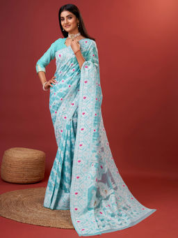 Yavira Silk - Aqua Jacquard Woven Saree with Unstitched Blouse