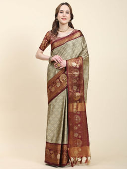 Yavira Silk - Maroon & Olive Dual Tone Jari Border Woven Saree with Unstitched Blouse