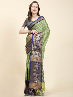 Yavira Silk - Blue & Green Dual Tone Jari Border Woven Saree with Unstitched Blouse