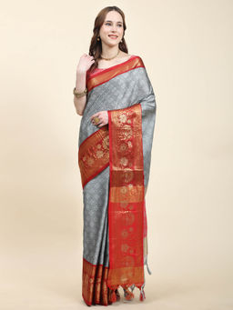 Yavira Silk - Grey & Red Dual Tone Jari Border Woven Saree with Unstitched Blouse
