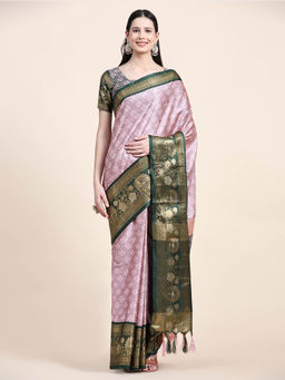 Yavira Silk - Pink & Green Dual Tone Jari Border Woven Saree with Unstitched Blouse
